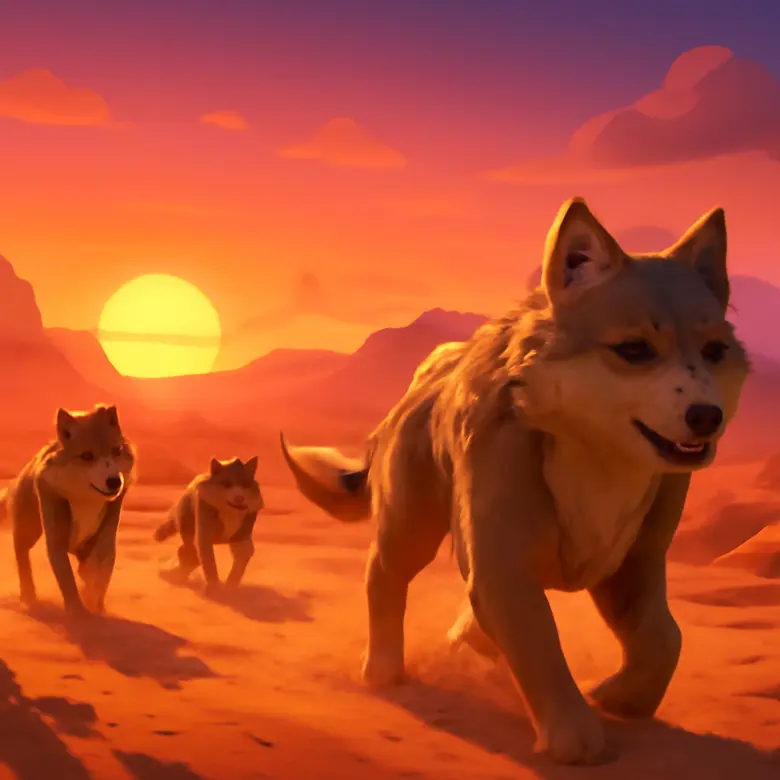 A Dusty Trip wolves roaming the desert landscape at sunset