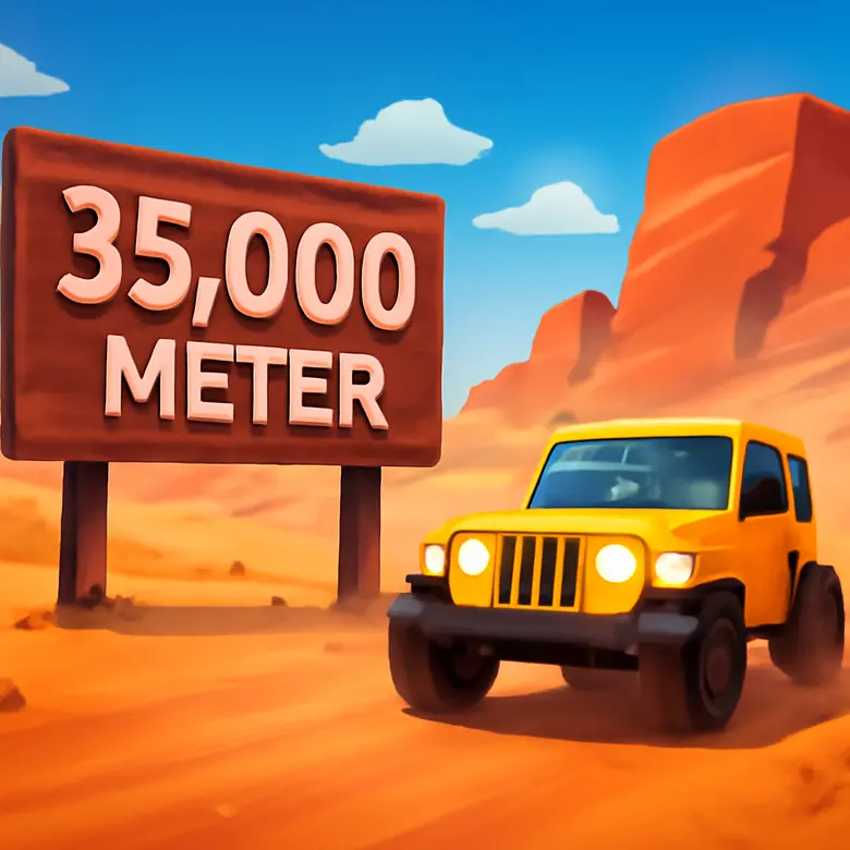 A Dusty Trip new 35000 meter landmark in the desert with a vehicle approaching