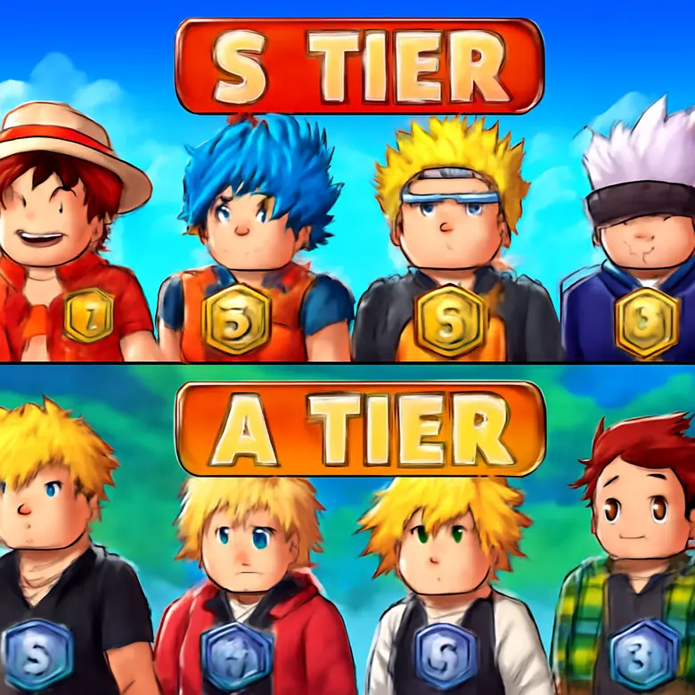 All Star Tower Defense X unit tier list showing S-tier and A-tier anime characters with their rarity badges