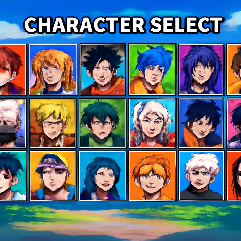 Anime Battle Arena character select screen showing the full roster