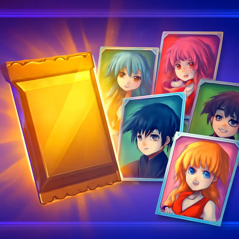 Anime Card Collection card pack opening screen showing multiple anime character cards