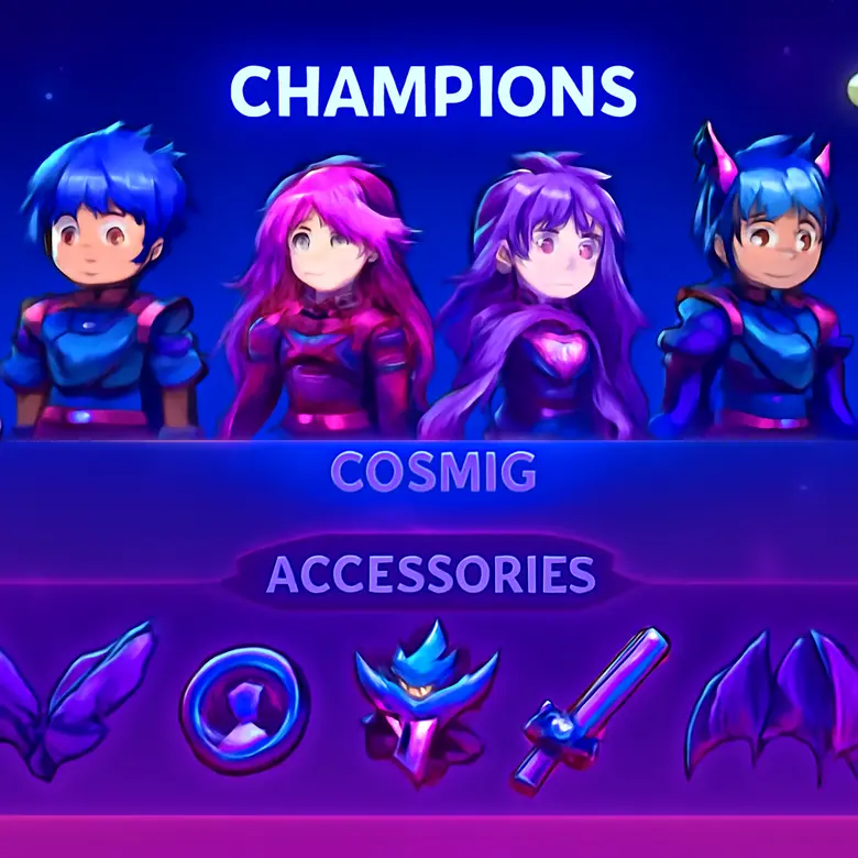 Anime Champions Simulator champion collection screen showing Cosmic-rarity champions and accessories