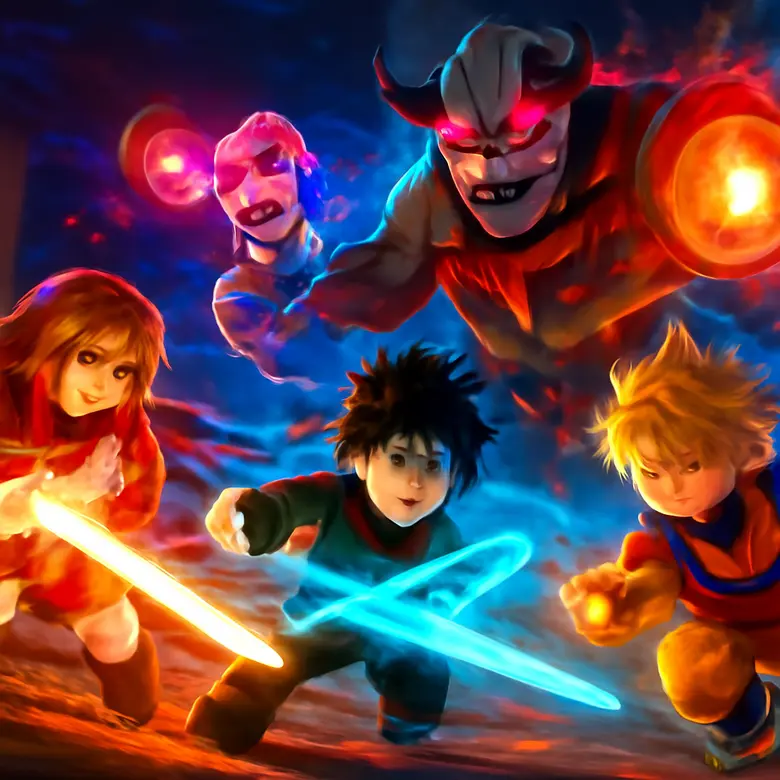 Anime Final Quest boss fight showing a team of anime characters battling a massive boss with flashy attack effects