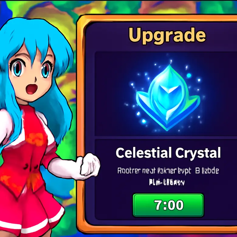 Anime World Tower Defense upgrade screen showing Celestial Crystal usage