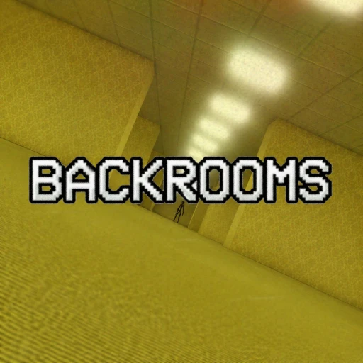 Backrooms Roblox game featuring the iconic yellow fluorescent-lit hallways of Level 0 with eerie empty corridors
