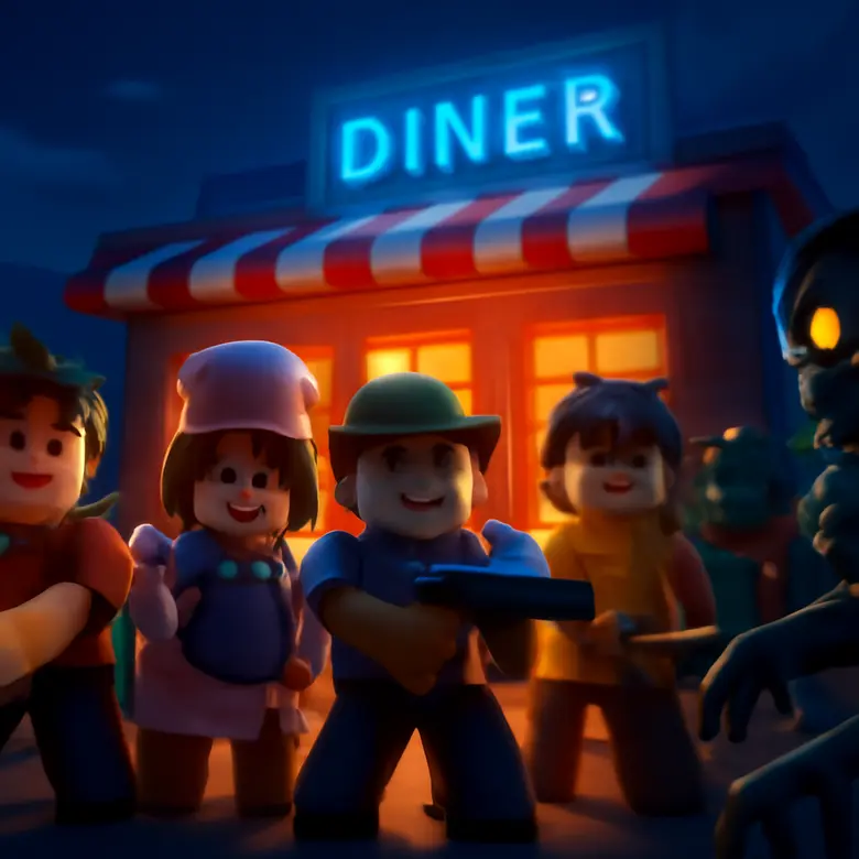 Bake or Die Roblox team of players defending the diner entrance against a zombie horde at night