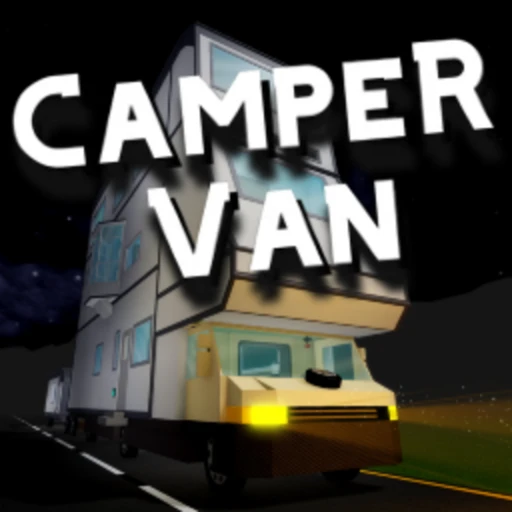 Camper Van Roblox game showing a supersized RV driving down an infinite highway with players customizing the interior