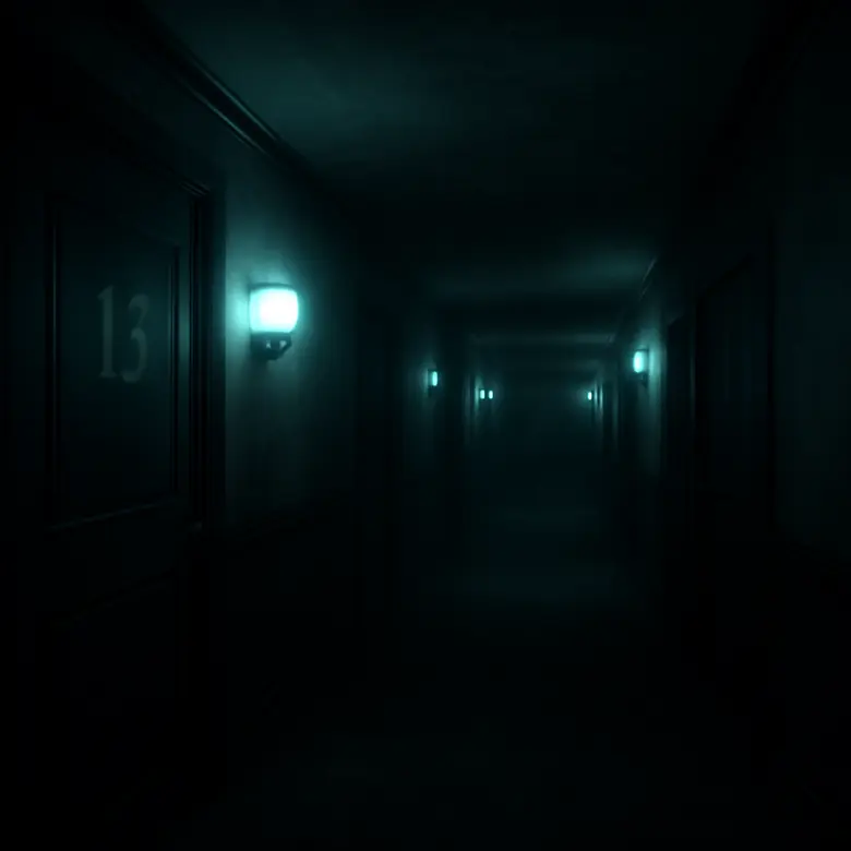 A dark hotel corridor in DOORS with flickering lights and numbered doors stretching into the distance