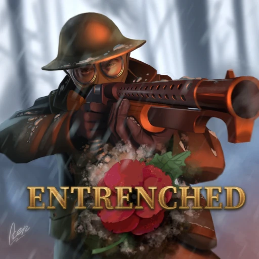 Entrenched WW1 gameplay showing soldiers advancing through trenches with explosions and barbed wire on a World War I battlefield