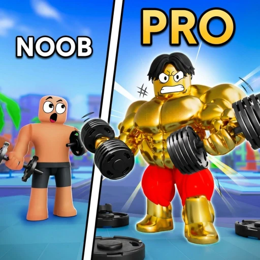 Gym Star Simulator Roblox game showing a muscular character training in a gym with dumbbells and workout equipment
