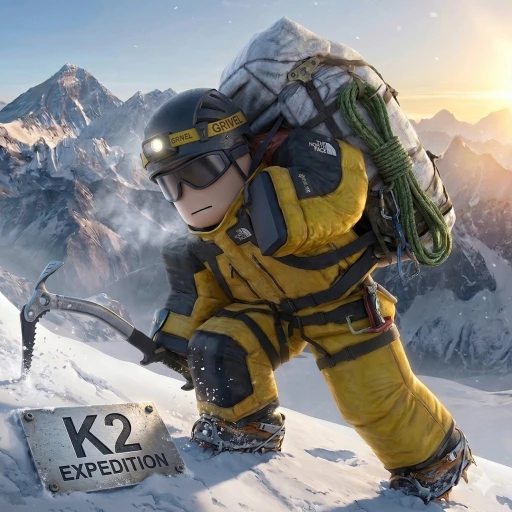 K2 Climbing Simulation Roblox gameplay showing a climber ascending the Abruzzi Spur route on K2 with snow and ice terrain