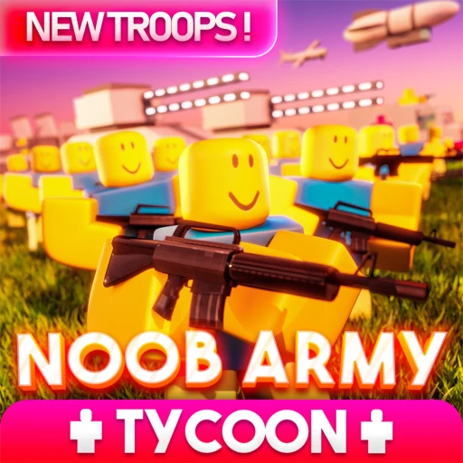 Noob Army Tycoon gameplay showing tycoon base with armies deployed across the battlefield map