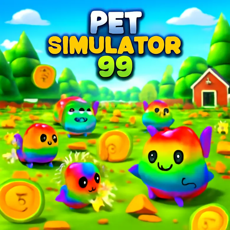 Pet Simulator 99 World 4 zone showing high-value breakables and equipped rainbow pets
