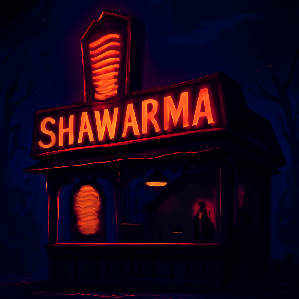 Scary Shawarma Kiosk — kiosk setup at night with grill active