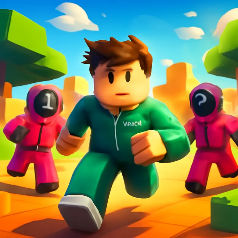 Squid Game X Red Light Green Light round with players frozen in position while the giant doll watches