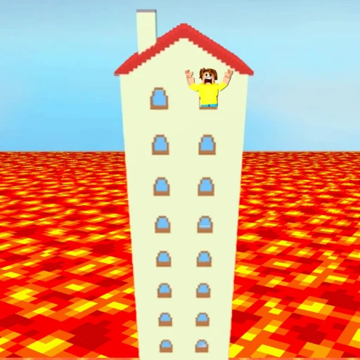 The Floor Is Lava Roblox gameplay showing players climbing buildings to escape rising lava
