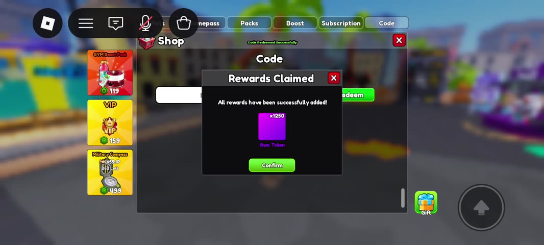 Spaceforce code redeemed in Gym Star Simulator