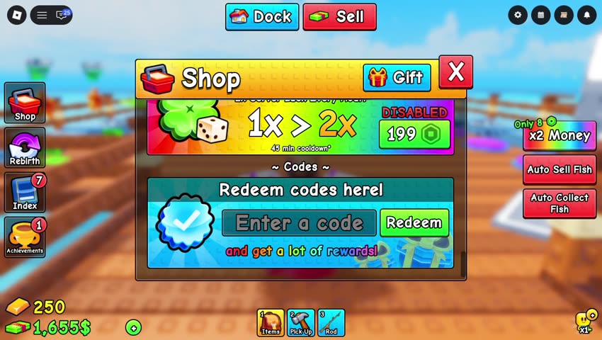 GOLD code redeemed in Roll a Fisherman