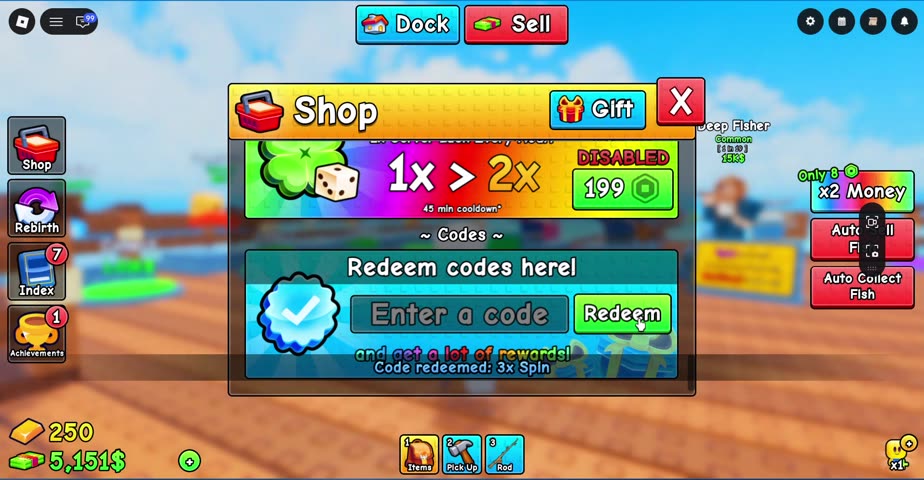 UPDATE1 code redeemed in Roll a Fisherman